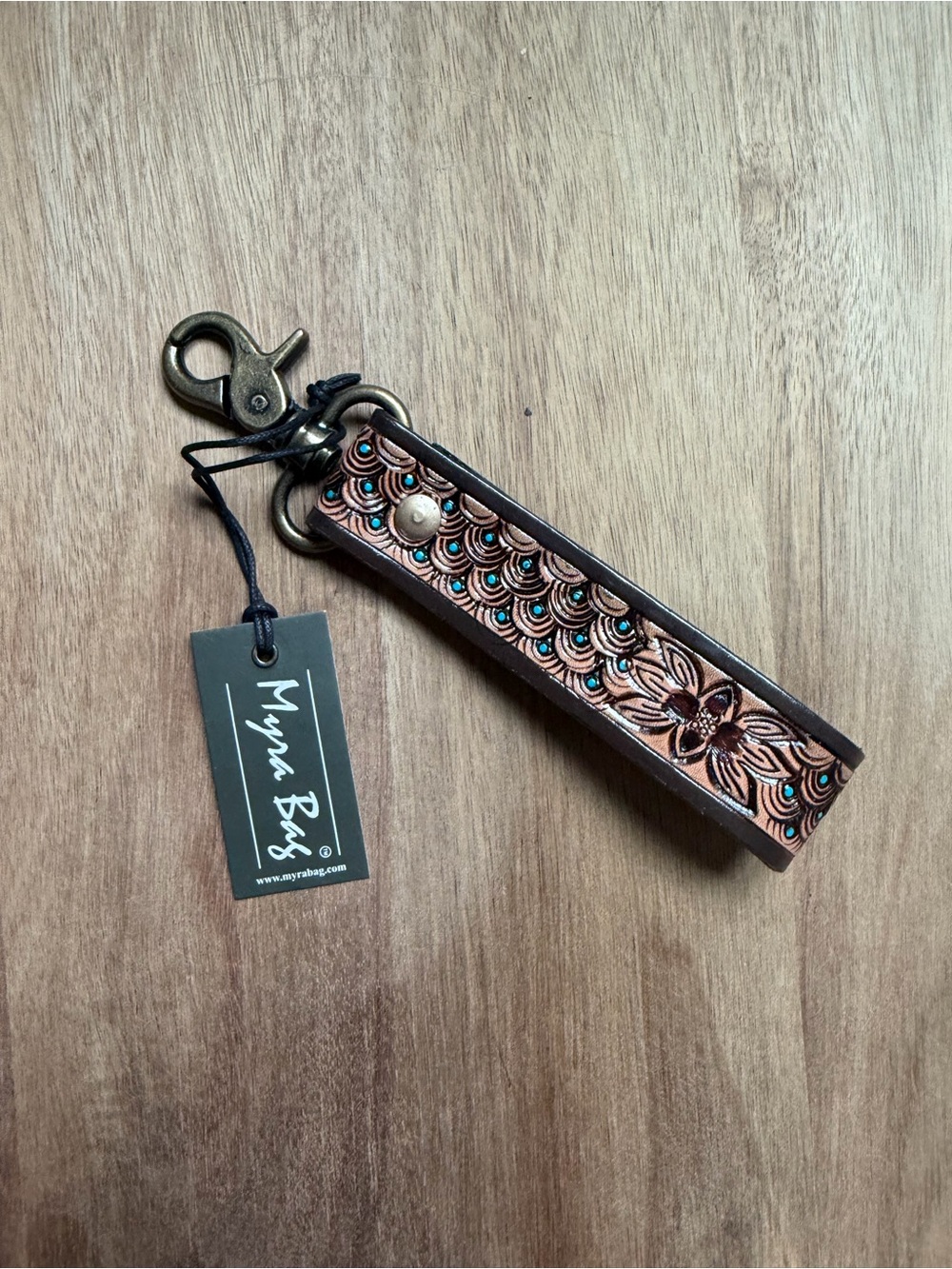 Myra Bag Brown Leather Floral Key Fob Wristlet